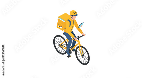delivery person riding bicycle with yellow backpack and helmet holding smartphone isometric vector