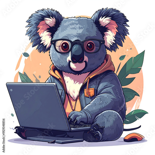 Koala programmer clipart humorous animal pun element minimal flat design pastel glasses hoodie laptop working focused cheerful