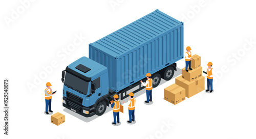 isometric freight truck with workers in safety vests handling packages and checking delivery inventory