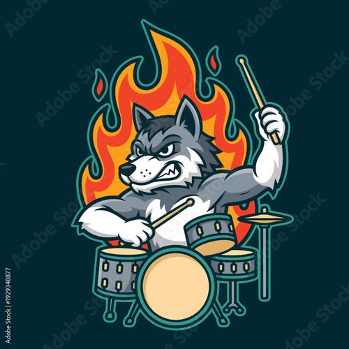 A cartoon husky plays drums enthusiastically surrounded by flames in an illustration.