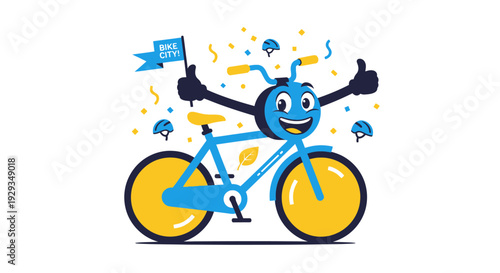 Happy Cartoon Bicycle Character Riding Freely.
