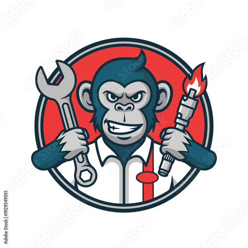 A cartoon monkey in a white shirt holds a wrench and a blowtorch in a circular red background