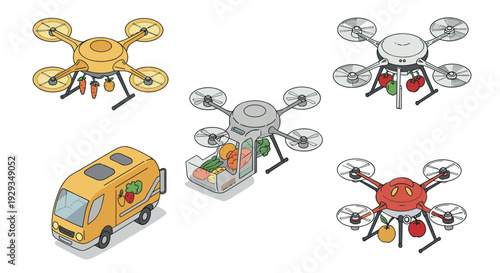 various hand drawn drones and delivery truck transporting fresh fruits and vegetables in colorful vector style