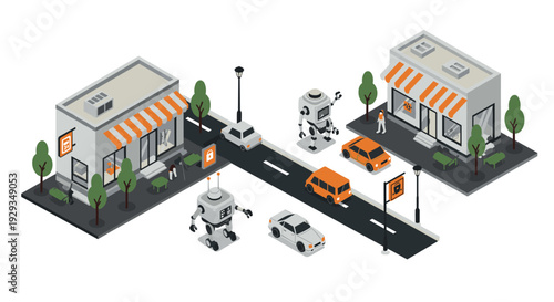 isometric futuristic city street with robots cars buildings and pedestrians in modern flat style