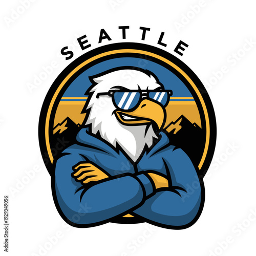 A cartoon eagle wearing sunglasses and a hoodie stands confidently in front of a mountainous landscape with the city name Seattle displayed prominently above