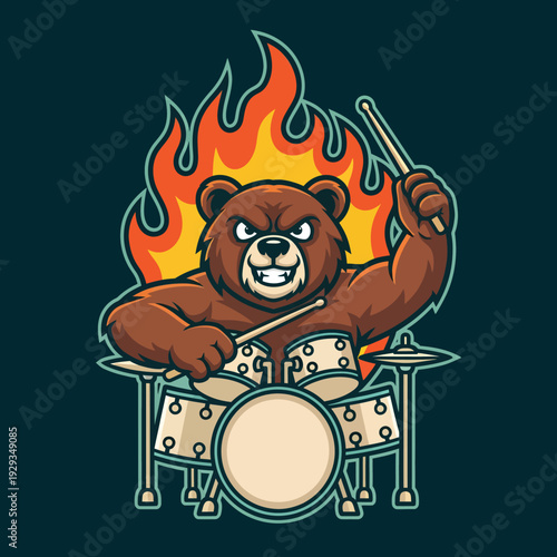 A cartoon bear enthusiastically plays drums surrounded by vibrant flames and energetic music atmosphere from a front viewpoint