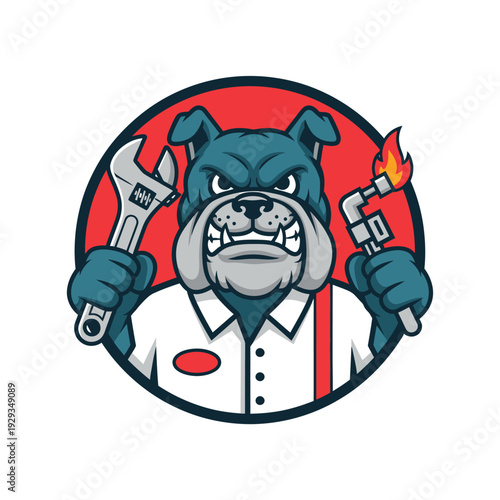A cartoon bulldog wearing a white shirt and red suspenders holds a wrench and a blowtorch with a fierce expression in a circular illustration