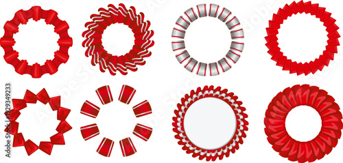 立体感のある赤いロゼットリボンの円形装飾フレームセット｜表彰バッジ・アワード・セール告知に使える華やかなメダル風ベクターイラスト素材