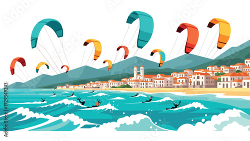 kitesurfers with colorful kites riding ocean waves near coastal town with mountains in flat style