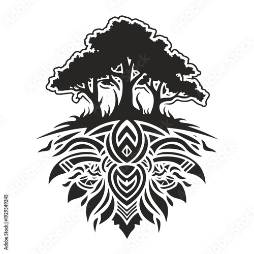 A tree with deep roots in the form of a tribal tattoo. Vector monochrome sketch, sticker in EPS 10 format