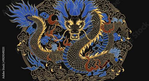 Intricate Chinese Dragon Artwork with Blue and Gold Details on Black Background