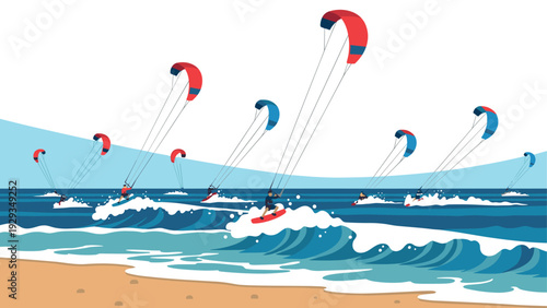 multiple kite surfers riding ocean waves with colorful red and blue kites minimalistic vector illustration