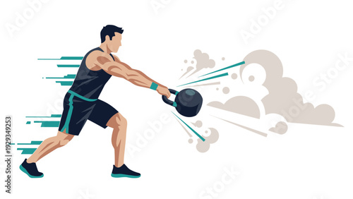 athletic man swinging kettlebell fitness exercise vector illustration