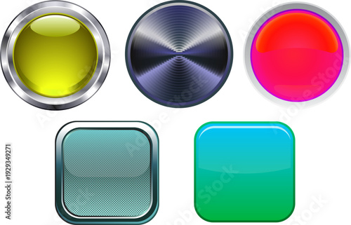メタリック質感とグロス加工の立体ボタンアイコンセット｜丸型・角丸スクエアの高光沢UIパーツコレクション