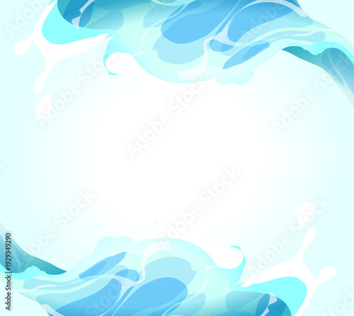 上下から広がるブルー系ウォーターフロー抽象フレーム背景｜中央コピースペース付きの爽やかな水流デザインバナー素材