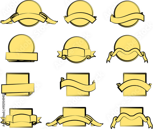 クラシック調ゴールドフレームと装飾リボンの見出しラベルセット｜ヴィンテージ風バッジ・タイトルプレート・広告見出しに使えるエンブレムデザイン素材コレクション（シンプル線画・ベクター向け）