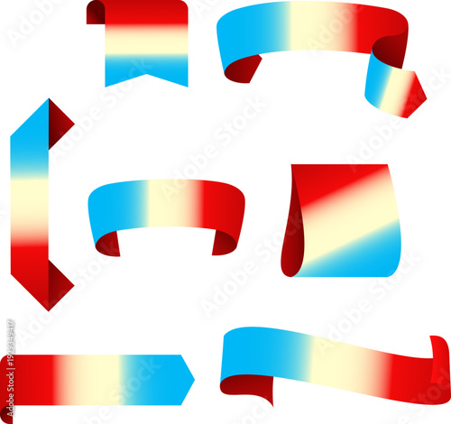 赤・青・クリームグラデーションで表現した立体リボン＆バナー装飾セット｜見出し・広告・セール告知・タイトルデザインに使えるカーブリボン見出し素材コレクション（ベクター対応）