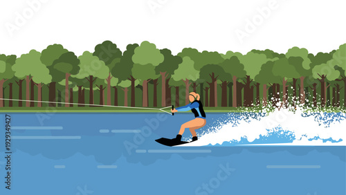 person wakeboarding on lake water with forest background in flat vector style