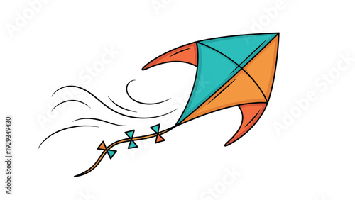 colorful hand drawn kite flying with windy lines and tail bows illustration