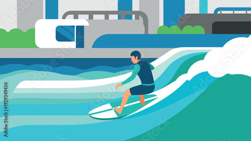 man surfing artificial wave in urban river landscape flat vector illustration