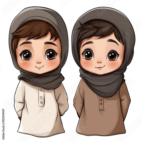 Two cartoon children, likely siblings, wearing traditional garments and headwear