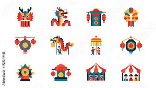 collection of colorful hand drawn chinese new year dragon lantern and festival icons