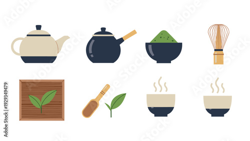 set of hand drawn tea ceremony utensils and matcha powder bowl flat icons