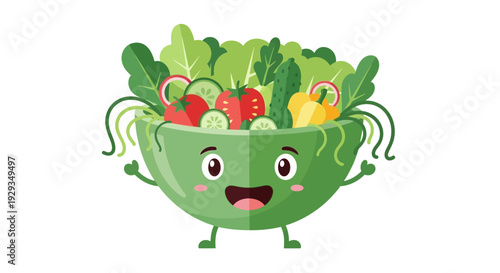 Happy Cartoon Salad Bowl with Fresh Vegetables.