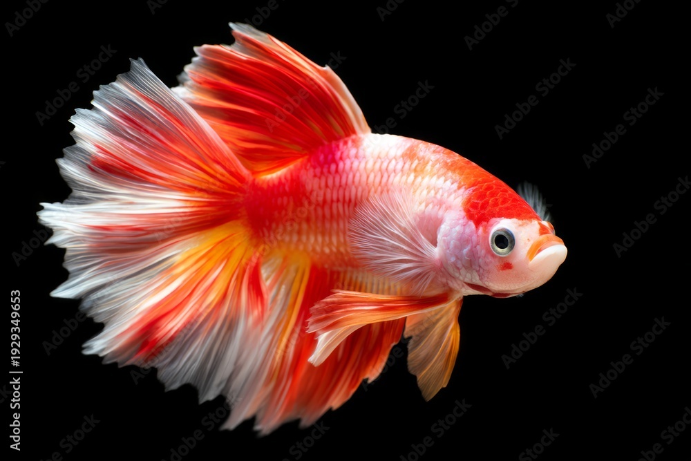 Fototapeta premium Majestic Betta Fish Captured Mid Swim with Fully Extended Fins on a Black Background