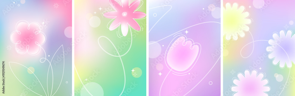 Obraz premium Blurred spring flowers cards set. Geometric, line art flowers. White, pink, blue, yellow, green, violet soft colors. Blur background. Design for card, invitation, cover, post. Place for text.