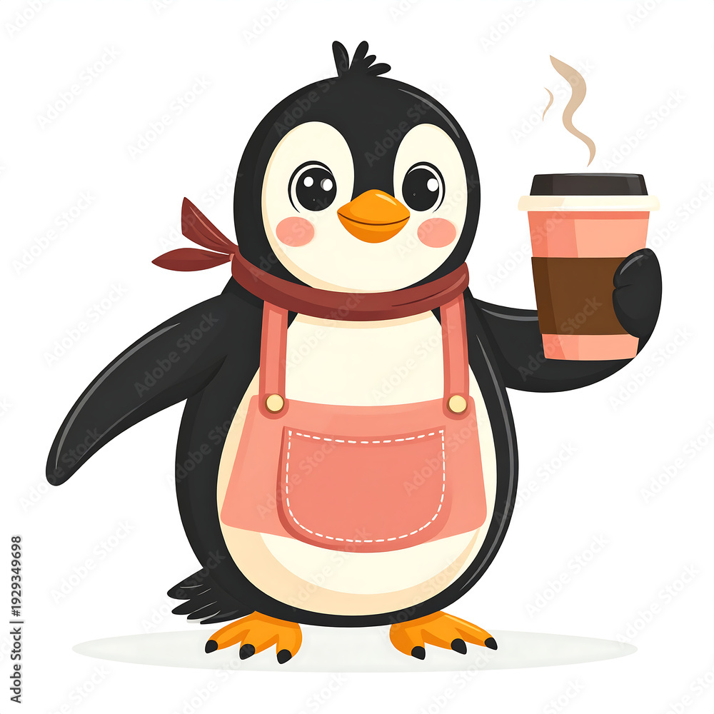 Obraz premium Cute penguin barista wearing apron and scarf holding steaming coffee cup with cheerful expression