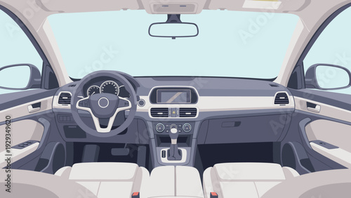 modern car interior front view with steering wheel dashboard and seats vector illustration