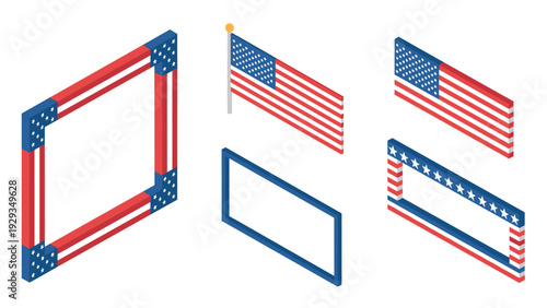 set of isometric united states flag frames and flagpole in flat style for patriotic design
