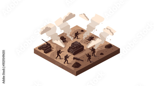 isometric battlefield scene with soldiers tanks explosions and smoke in flat style