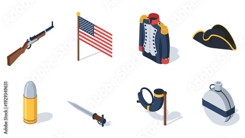 american revolutionary war militia items set in isometric style including musket rifle flag uniform coat tricorn hat bullet bayonet powder horn and canteen