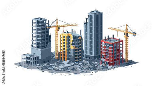 damaged buildings with construction cranes and rubble in urban demolition site vector illustration