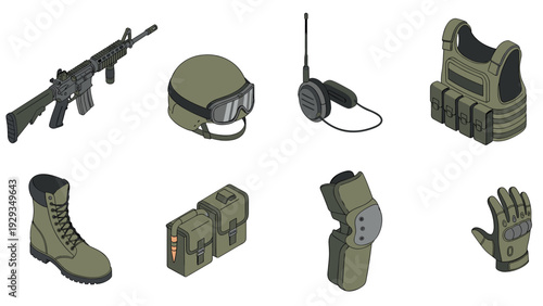 set of military tactical equipment hand drawn illustrations including rifle helmet communication device vest boots ammo pouch knee protection and gloves