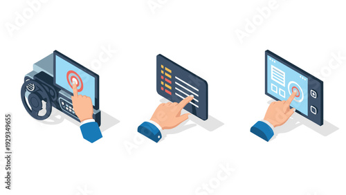 isometric hand pressing touchscreen icons on car dashboard and digital interface set