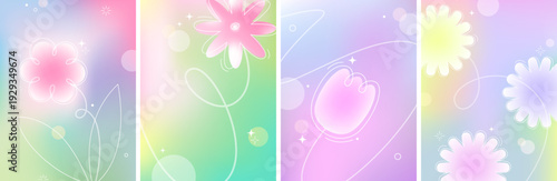Blurred spring flowers cards set. Geometric, line art flowers. White, pink, blue, yellow, green, violet soft colors. Blur background. Design for card, invitation, cover, post. Place for text.