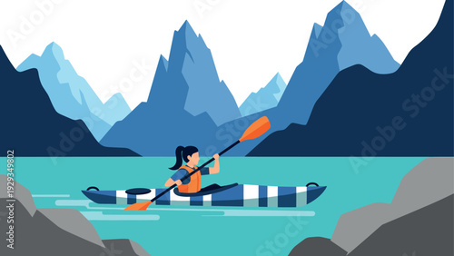 woman kayaking on turquoise lake with mountains in flat vector style