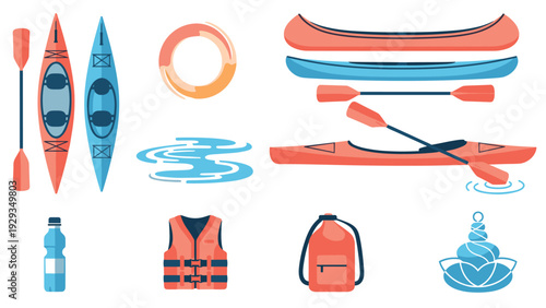 set of hand drawn kayaking equipment and accessories with boats paddles life vest water bottle and nature elements