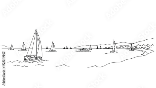 sailboats on the water with beach and cityscape background hand drawn line art illustration