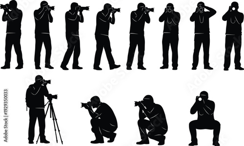 Photographer silhouette set with professional camera tripod and backpack taking photos in various poses for flavector adobe stock vector illustration