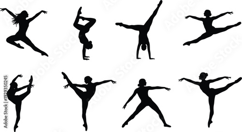 Black Silhouette Vector Set of Gymnastic Women Dancing Jumping and Performing Acrobatics Poses Isolated on White Background for Sports - flavector