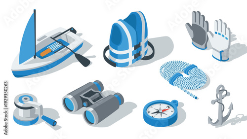 set of hand drawn sailing equipment including boat gloves life jacket binoculars compass anchor rope and winch in modern flat style