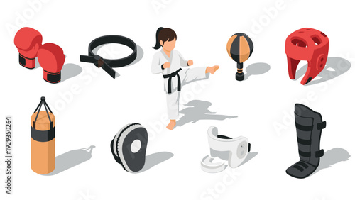 isometric martial arts equipment set with female karate fighter in hand drawn style