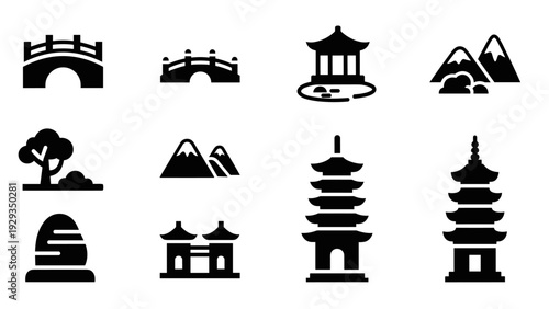 set of asian landscape and architecture icons including bridge tree mountains pagoda and temple buildings in black silhouette style