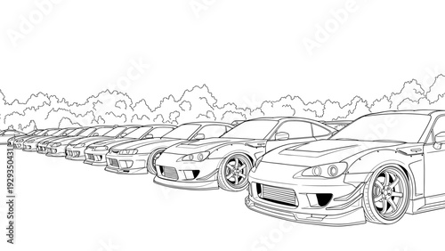 lined up sports cars hand drawn outline illustration with detailed wheels and bodywork