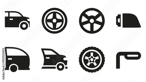 set of black car parts icons including wheels doors and headlights in silhouette style