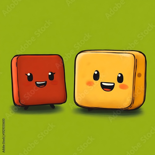 Two cartoonish, square-shaped food items, one red, one yellow, with kawaii faces, on a lime green background.  They appear to be smiling and are positioned side-by-side